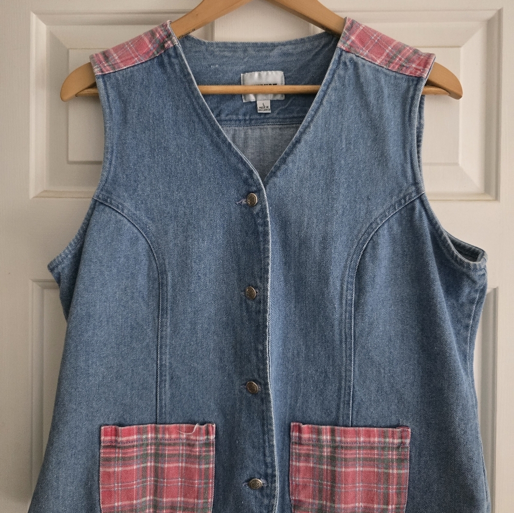 Vintage Gitano Blue Denim Vest with Pink Plaid Pockets Women's Size Large - 80's